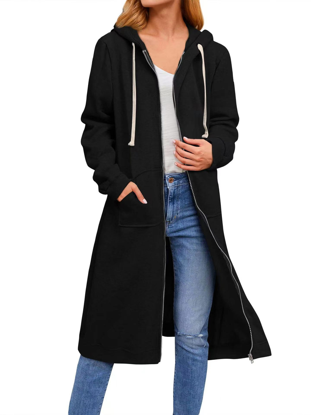 Damen Long Hoodie-Jacke aus bequemen Sweatmaterial mit Taschen Heidi-Mode