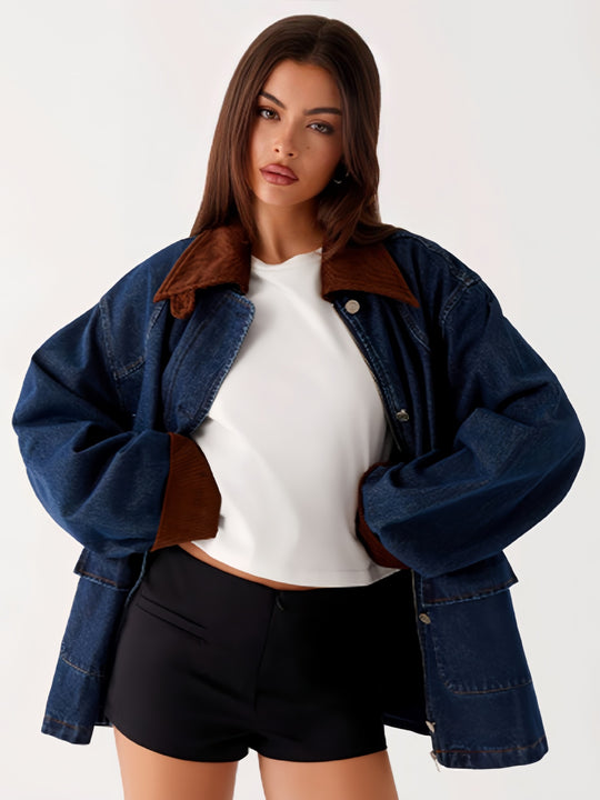 Damen Denimjacke mit Kapuze und kontrastierenden Ärmeln Heidi-Mode