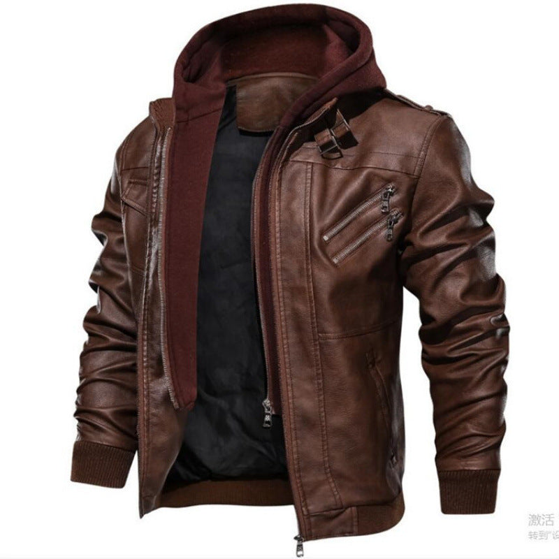 Herren Lederjacke im modernen Biker-Stil mit abnehmbarer Kapuze Heidi-Mode