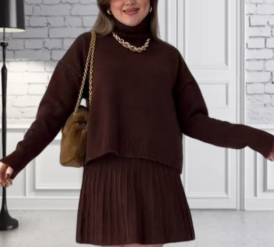 Damen Oversized Strickpullover mit hochwertiger Rippstruktur und passendem Minirock Heidi-Mode