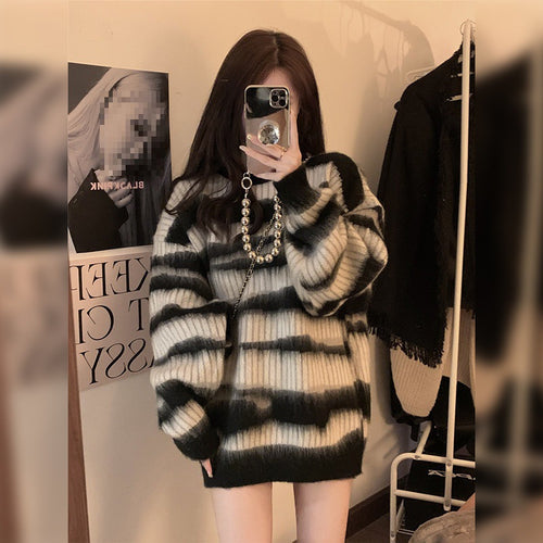 Damen Grobstrickpullover mit modernem Blockstreifenmuster und lockerer Passform Heidi-Mode