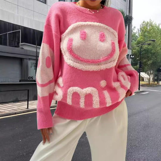Damen Strickpullover mit fröhlichem Emoji-Motiv und komfortablem Schnitt Heidi-Mode