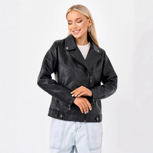 Damen hochwertige Kunstlederjacke im Biker-Stil mit asymmetrischem Reißverschluss Heidi-Mode