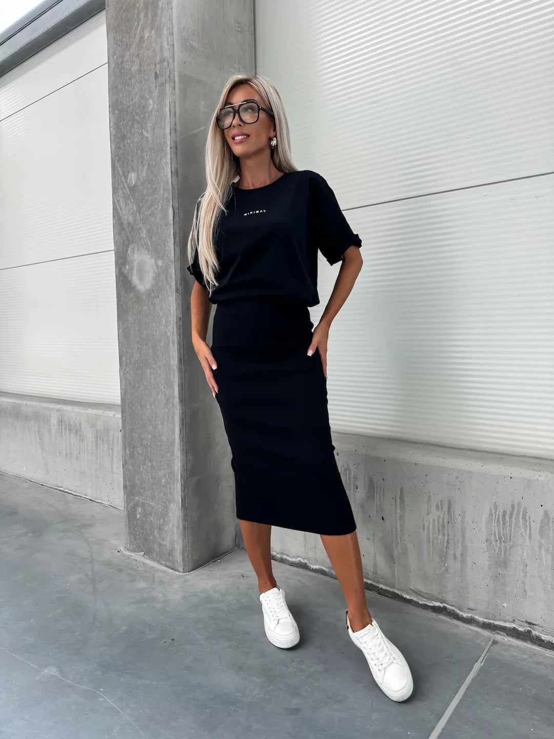 Damen Modisches Strickensemble mit lässigem Oberteil und weitem Rock Heidi-Mode