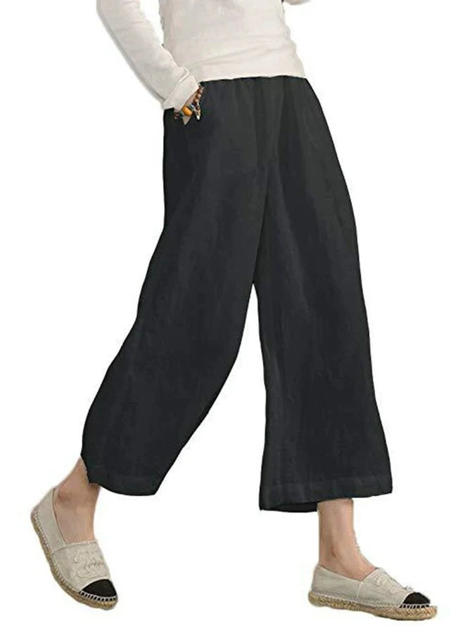 Damen weite Leinenhose mit seitlichen Taschen und elastischem Bund Heidi-Mode