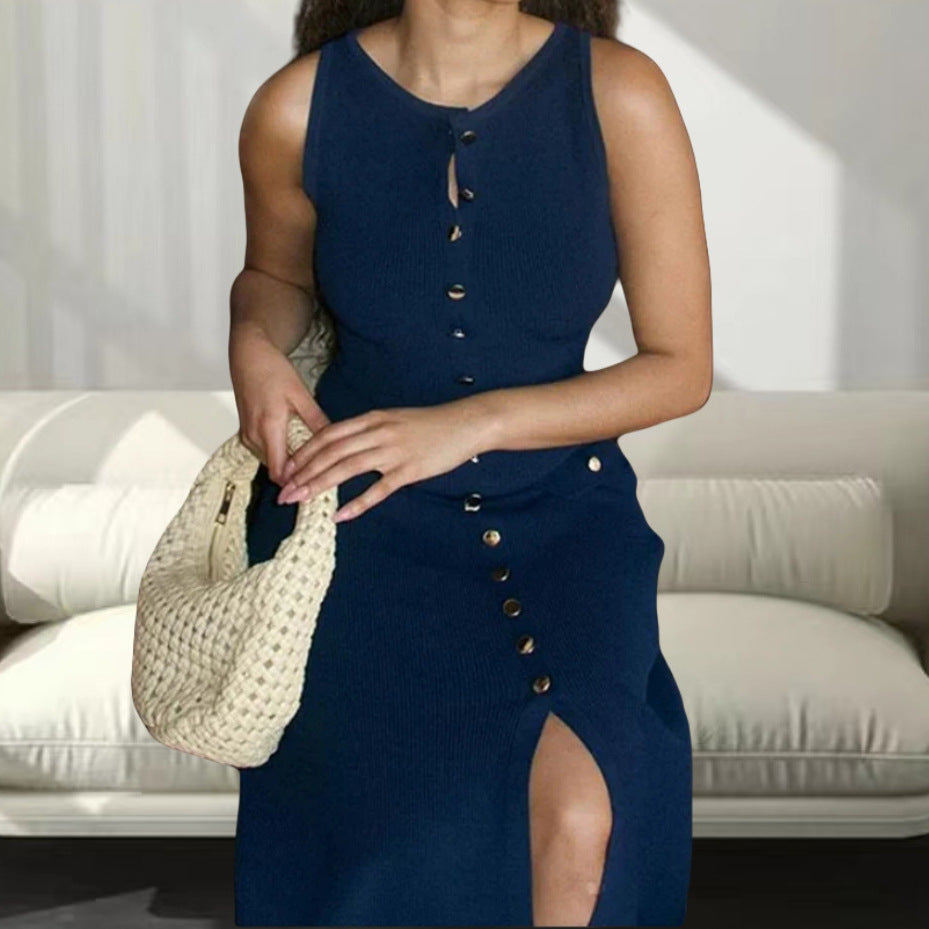 Damen Strickmaxikleid mit Knopfleiste und seitlichen Schlitzen Heidi-Mode