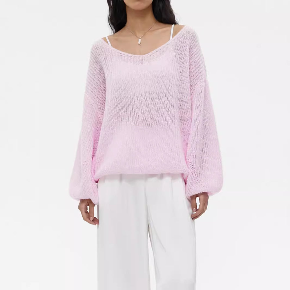 Damen lässiger Strickpullover mit weiten Ärmeln und tiefem V-Ausschnitt Heidi-Mode