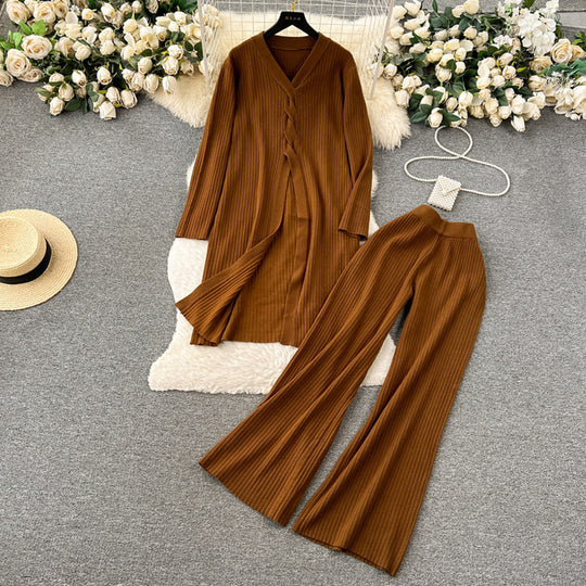 Damen elegantes Strickanzug mit V-Ausschnitt und weitem Bein Heidi-Mode
