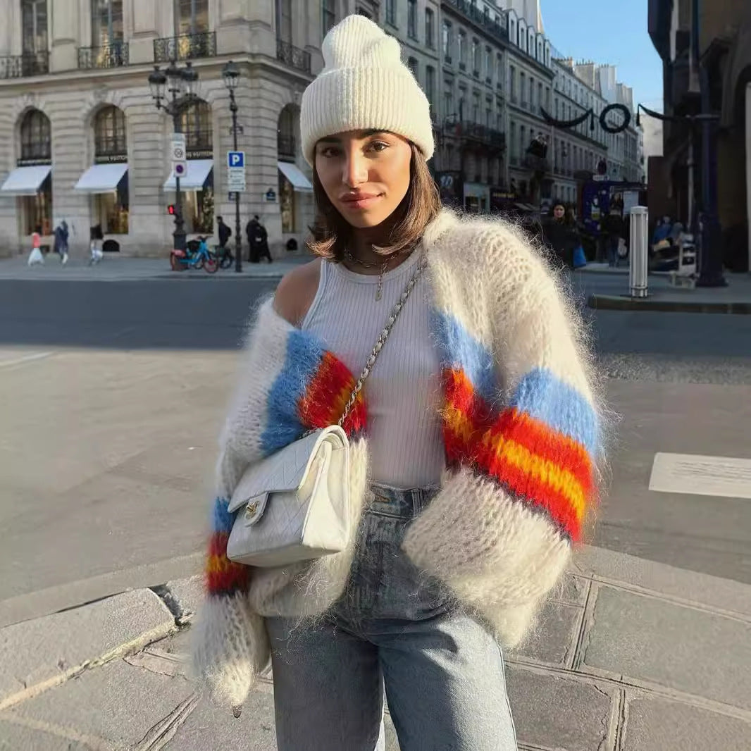 Damen lässiger Strickcardigan mit bunten Streifen und weitem Schnitt Heidi-Mode
