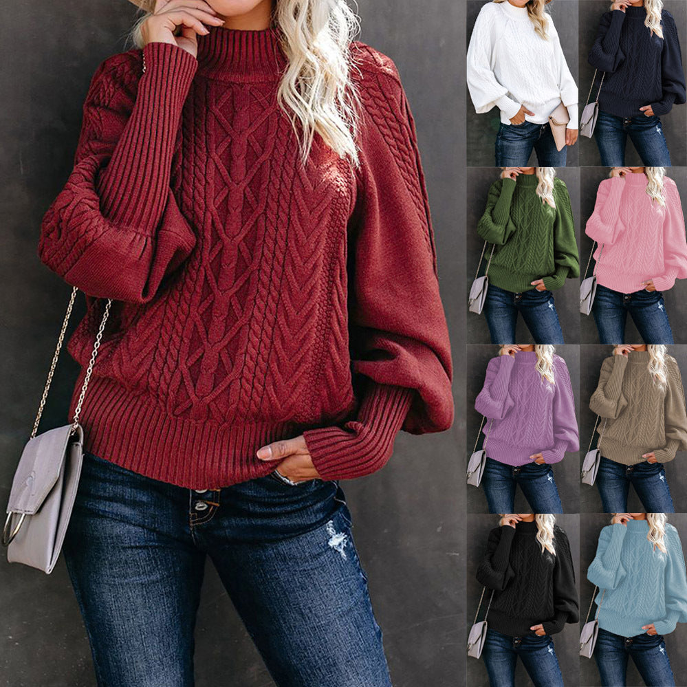 Damen Grobstrickpullover mit hohen Kragen und voluminösen Ärmeln Heidi-Mode