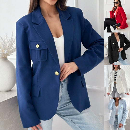 Damen klassische doppelt-knöpfte taillierte Blazer mit Taschen-Detail Heidi-Mode