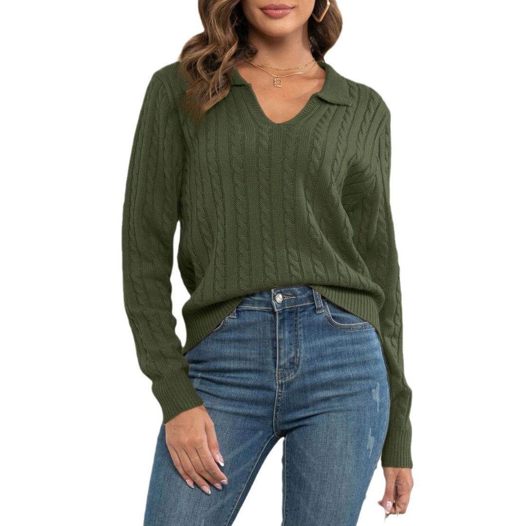 Damen Strickpullover mit V-Ausschnitt und Zopfmuster Heidi-Mode