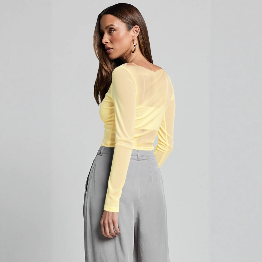 Damen Elegantes Langarmoberteil mit transparentem Mesh und Raffung Heidi-Mode