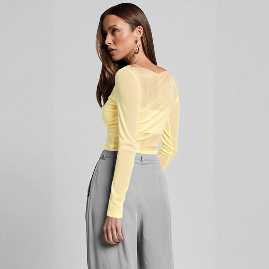 Damen Elegantes Langarmoberteil mit transparentem Mesh und Raffung Heidi-Mode