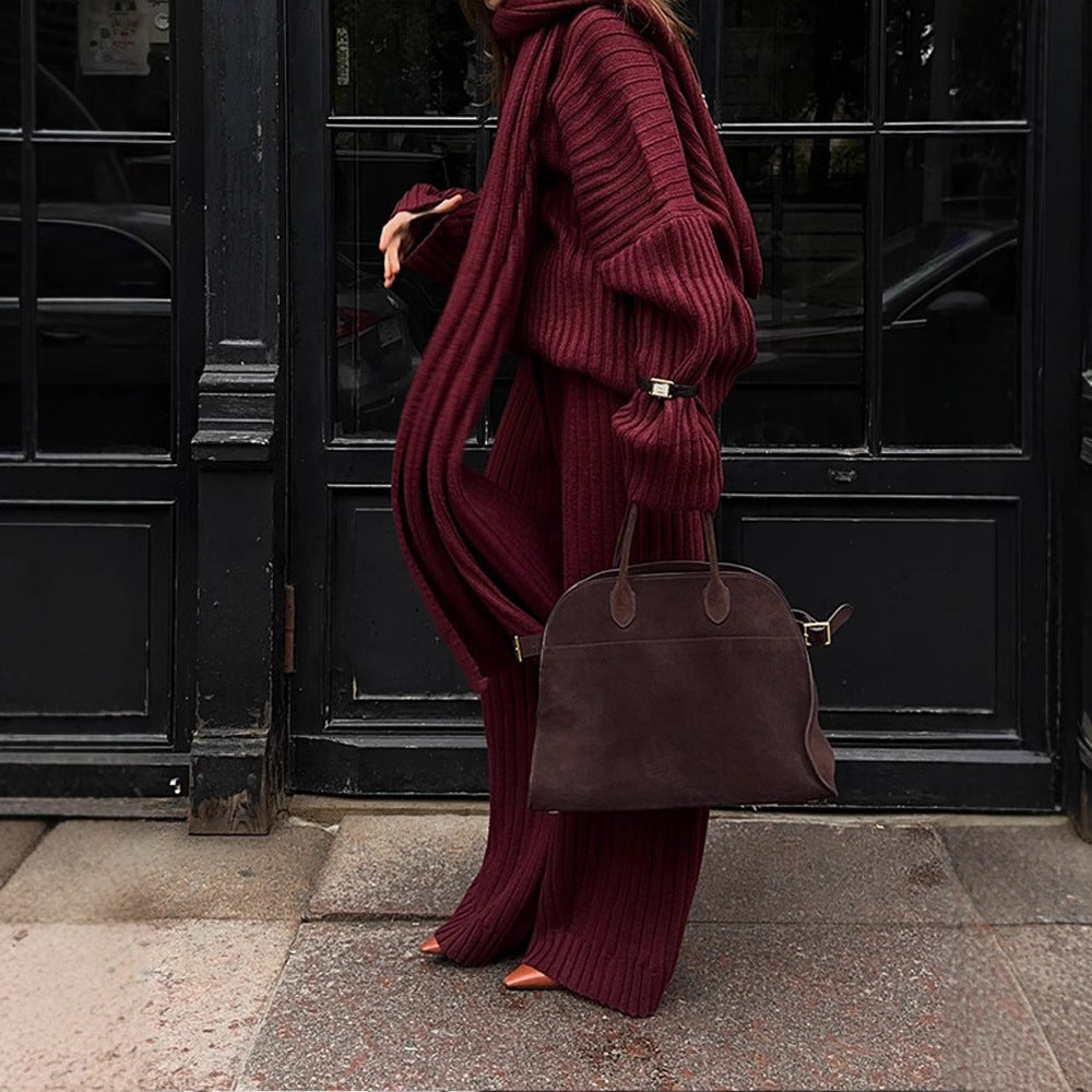 Damen Strickstoff Zweiteiler mit weitem Bein und oversized Oberteil Heidi-Mode