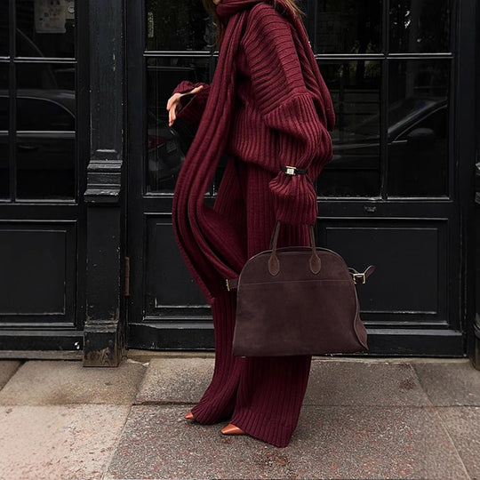 Damen Strickstoff Zweiteiler mit weitem Bein und oversized Oberteil Heidi-Mode
