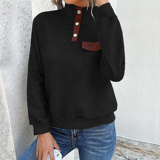 Damen Stehkragen Sweatshirt mit Knopfdetails und Brusttasche Heidi-Mode