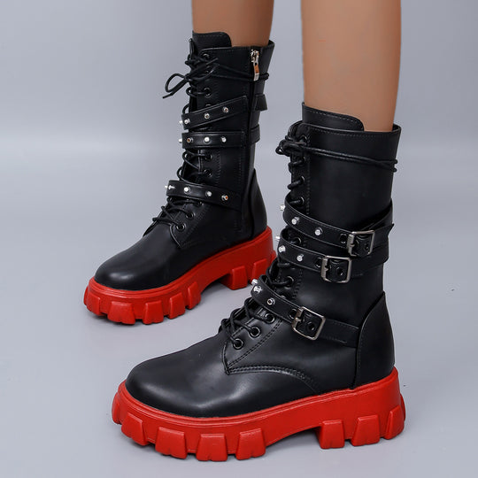 Damen High-Top Schnürstiefel mit verstellbaren Riemen und griffiger Sohle Heidi-Mode