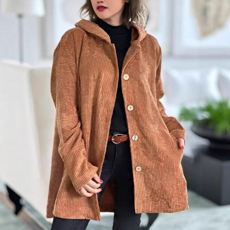 Damen Lässige cordjacke mit Kapuze und großen Knöpfen Heidi-Mode
