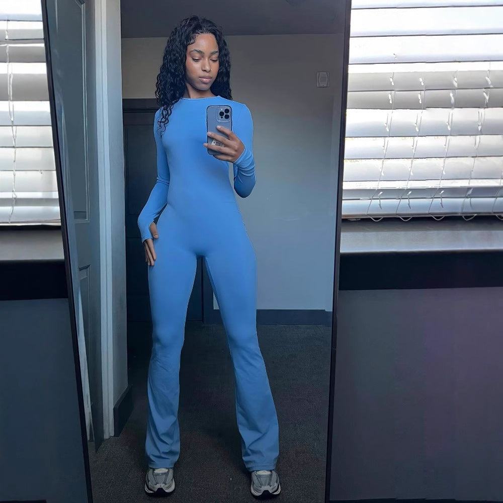 Damen Eleganter körperbetonter Jumpsuit mit langen Ärmeln und ausgestelltem Bein Heidi-Mode