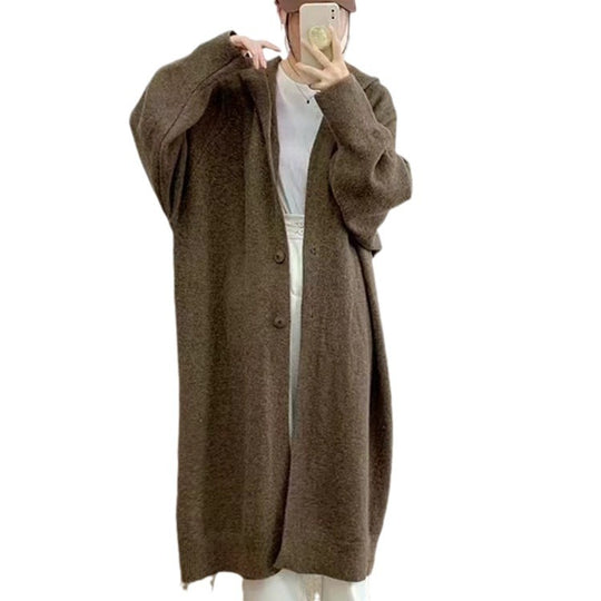Damen Langer Strickcardigan mit Kapuze und praktischen Knöpfen Heidi-Mode