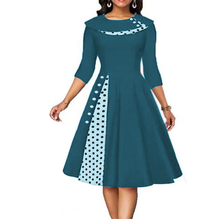 Damen Elegantes Midi-Kleid mit Punkten und seitlicher Kontrastdetail Heidi-Mode