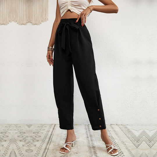 Damen elegante Haremshose mit Binde-Gürtel und Knopfdetails Heidi-Mode