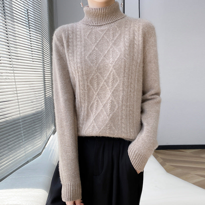 Damen Strickpullover mit hoch geschlossenem Kragen und Zopfmuster Heidi-Mode
