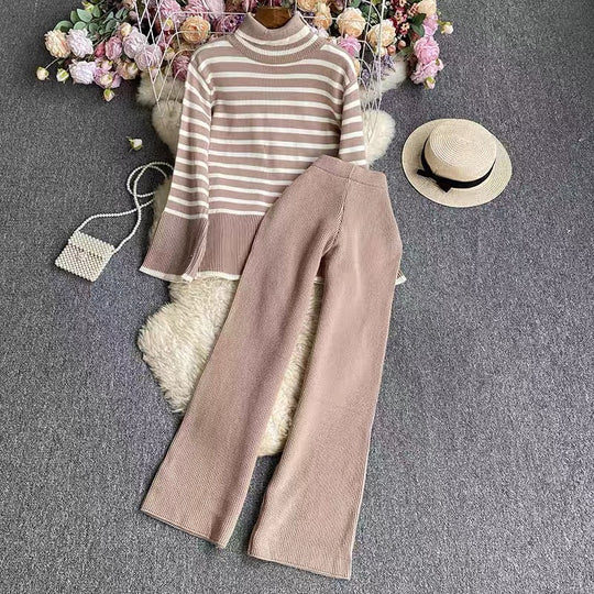 Damen elegantes gestreiftes Strickensemble mit hohem Kragen und weitem Bein Heidi-Mode