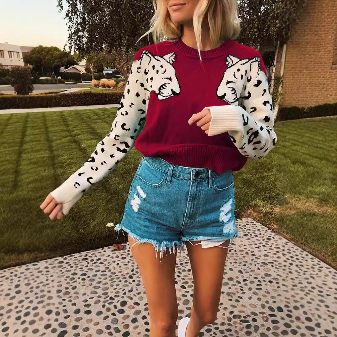 Damen modischer Strickpullover mit tierischem Motiv und farblich abgesetzten Ärmeln Heidi-Mode