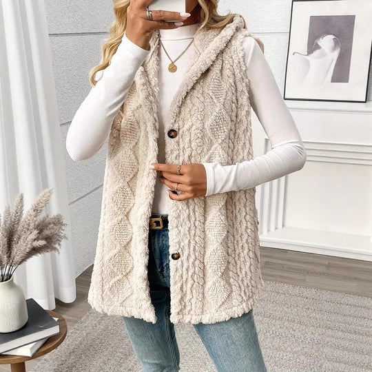 Damen Plüschweste mit Kapuze und Knopfverschluss Heidi-Mode