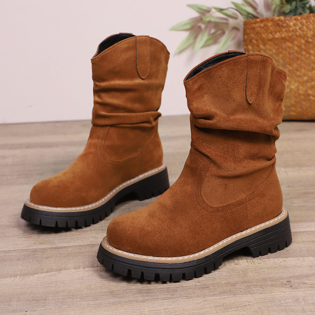 Damen weiche Wildleder-Stiefel mit lässigem Faltenlook und robuster Profilsohle Heidi-Mode
