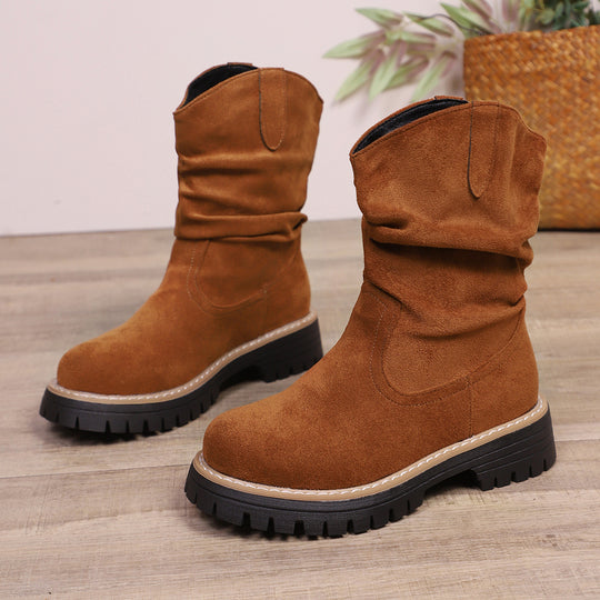 Damen weiche Wildleder-Stiefel mit lässigem Faltenlook und robuster Profilsohle Heidi-Mode