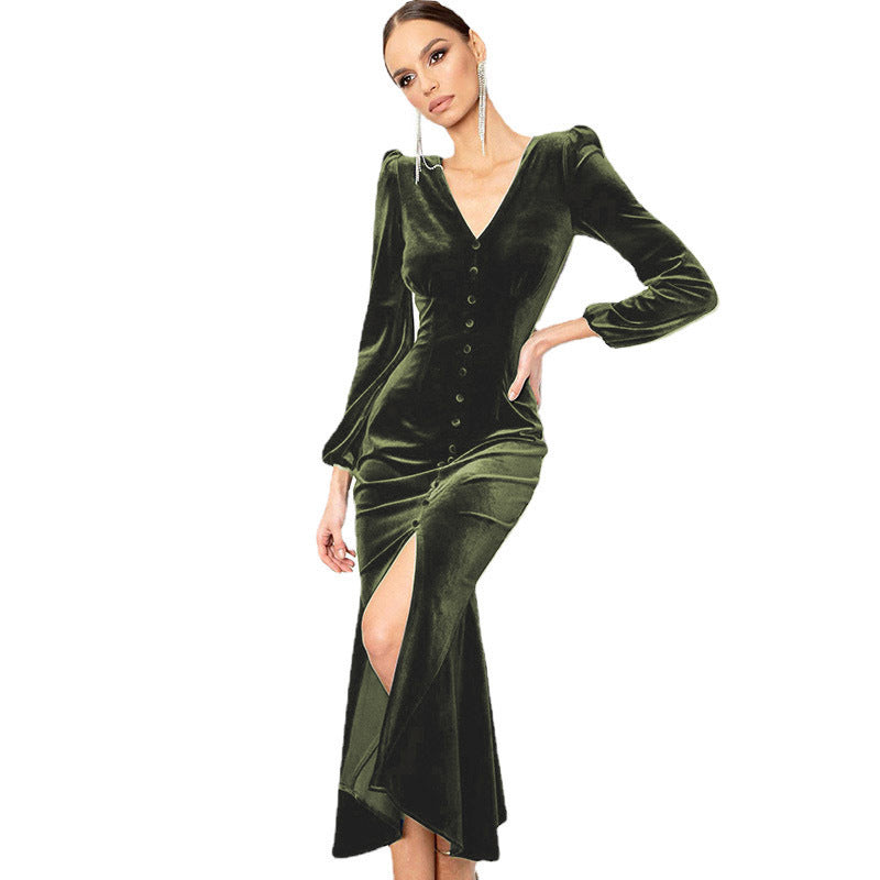 Damen Elegantes Samtkleid mit V-Ausschnitt und Puffärmeln Heidi-Mode