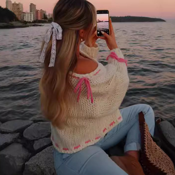 Damen lässiger Pullover mit offener Schulter und dekorativem Bindegürtel Heidi-Mode
