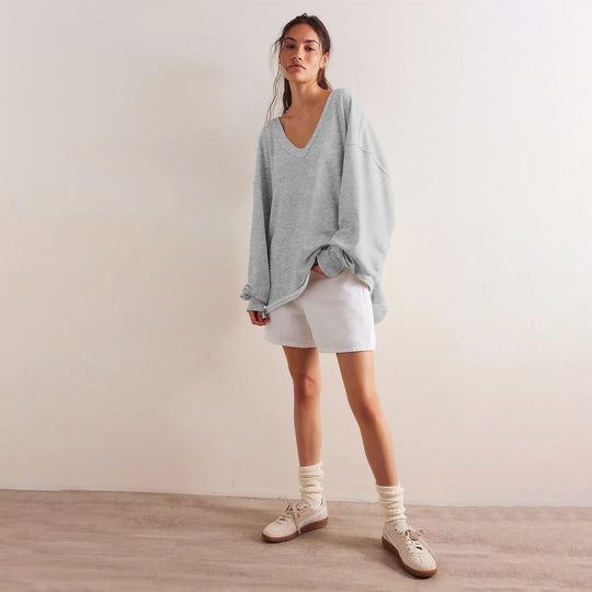 Damen oversized V-Ausschnitt Sweatshirt mit lässigem Schnitt Heidi-Mode