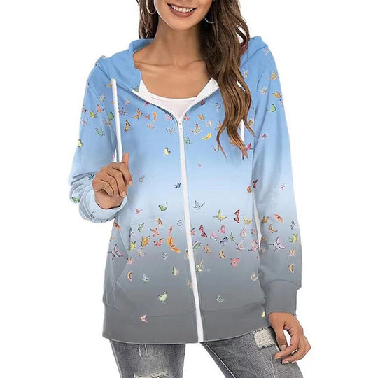 Heidi-Mode | Mode Floral Print Langarm Zip Auf Kapuzenpullover Sweatshirt