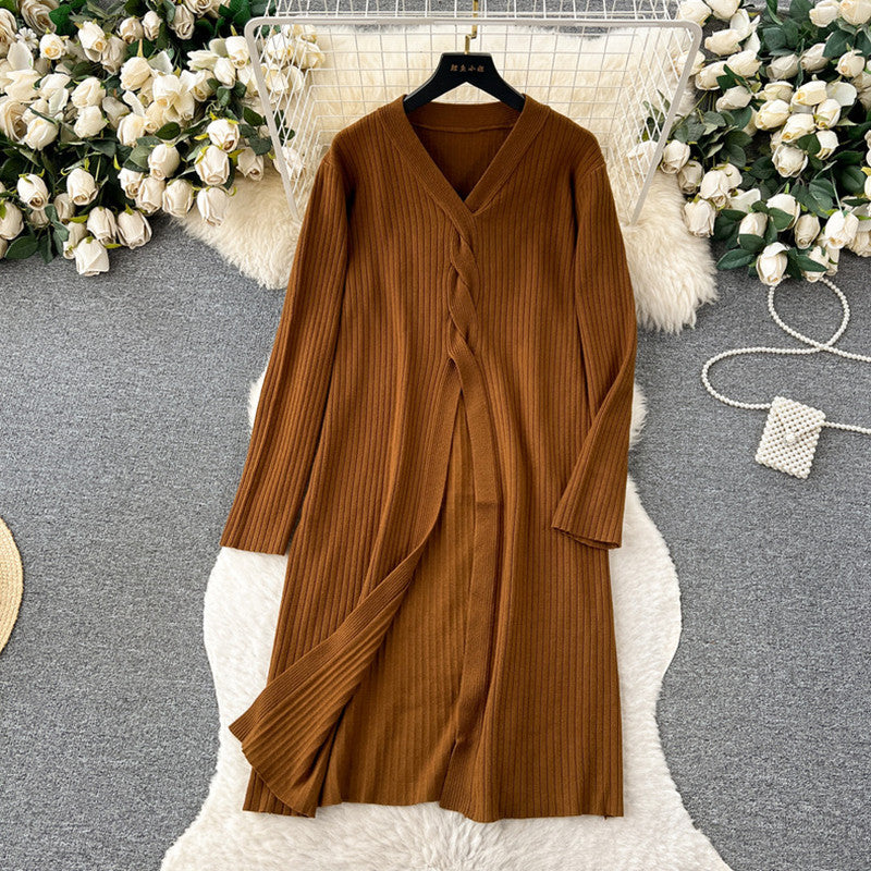 Damen elegantes Strickanzug mit V-Ausschnitt und weitem Bein Heidi-Mode