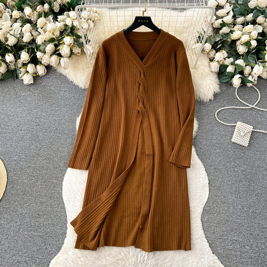 Damen elegantes Strickanzug mit V-Ausschnitt und weitem Bein Heidi-Mode