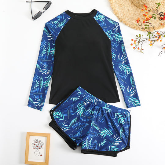 Heidi Mode | Langarm Print Spleißen Doppelhose Tankini Badeanzug