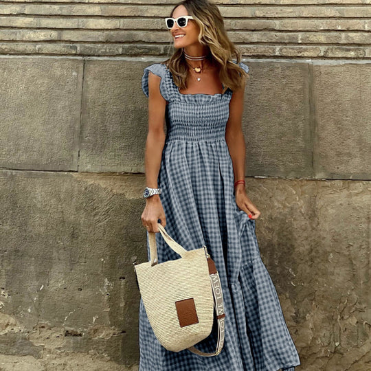 Damen Gingham Smocked Maxikleid mit Rüschensleeves Heidi-Mode