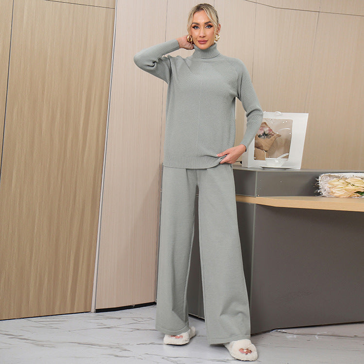 Damen elegantes Strick-Loungewear-Set mit hohem Kragen und weitem Schnitt Heidi-Mode
