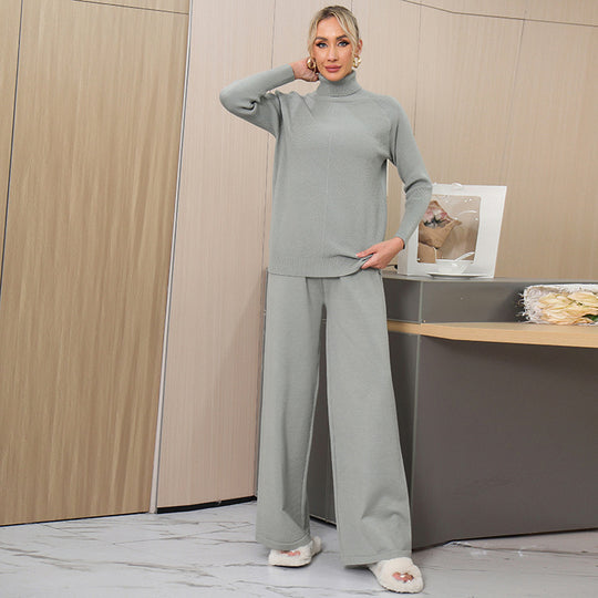 Damen elegantes Strick-Loungewear-Set mit hohem Kragen und weitem Schnitt Heidi-Mode