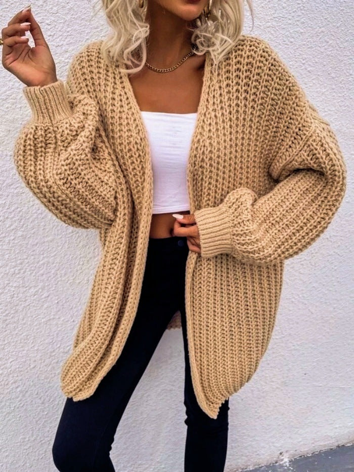 Damen lässiger Grobstrick-Cardigan mit tiefen Taschen und voluminösen Ärmeln Heidi-Mode