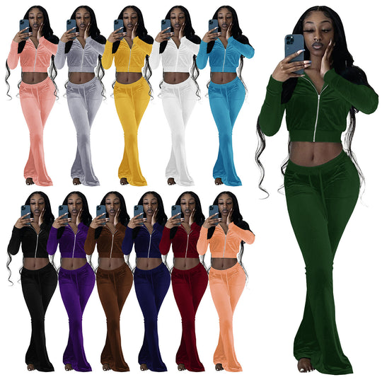 Damen Komfortables Lounge-Set aus weichem Veloursstoff mit Zip-Oberteil und weitem Bein Heidi-Mode