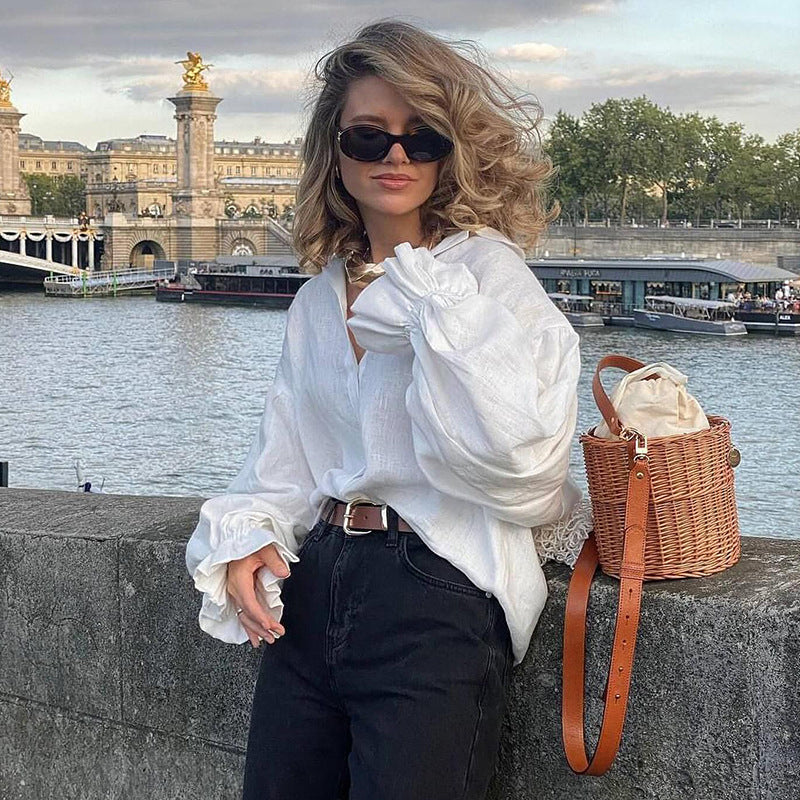 Damen lässige Leinenbluse mit ballonärmel Heidi-Mode