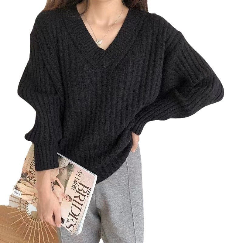 Damen Viskose-Strickpullover mit V-Ausschnitt und geripptem Design Heidi-Mode