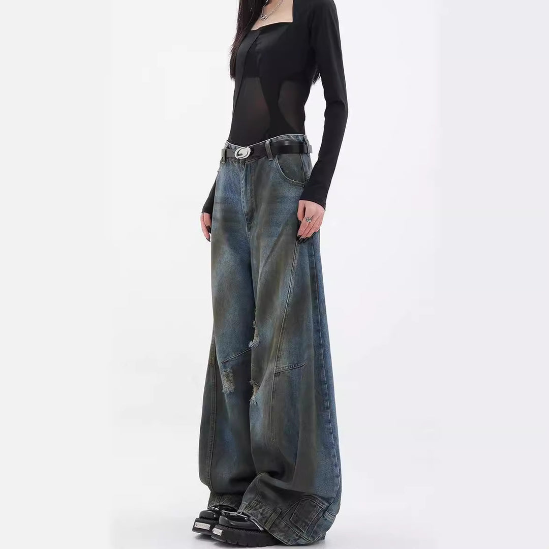 Damen Extrem weit geschnittene Jeans mit modischen Distressed-Details Heidi-Mode