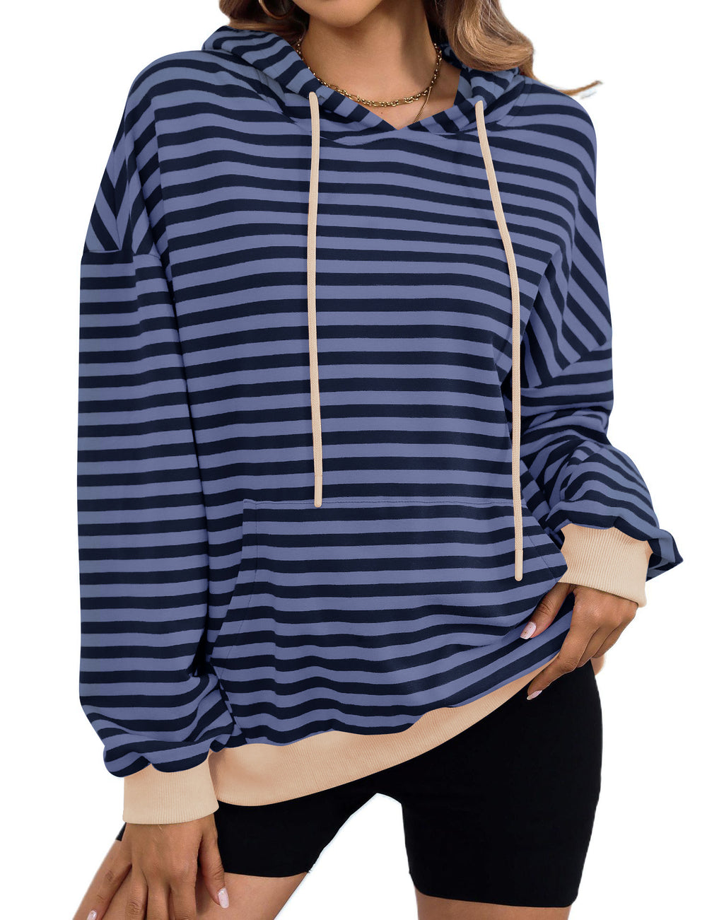 Damen gestreifter Kapuzenpullover mit stylischer Kängurutasche Heidi-Mode