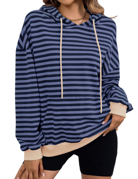 Damen gestreifter Kapuzenpullover mit stylischer Kängurutasche Heidi-Mode